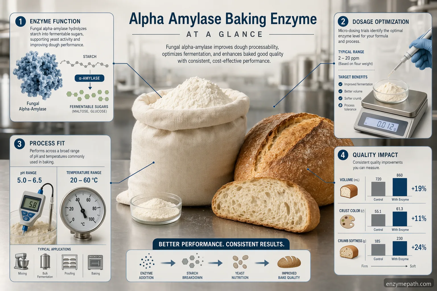 alpha amylase baking enzyme market dosage guide with flour, pH, temperature, and QC trial visuals