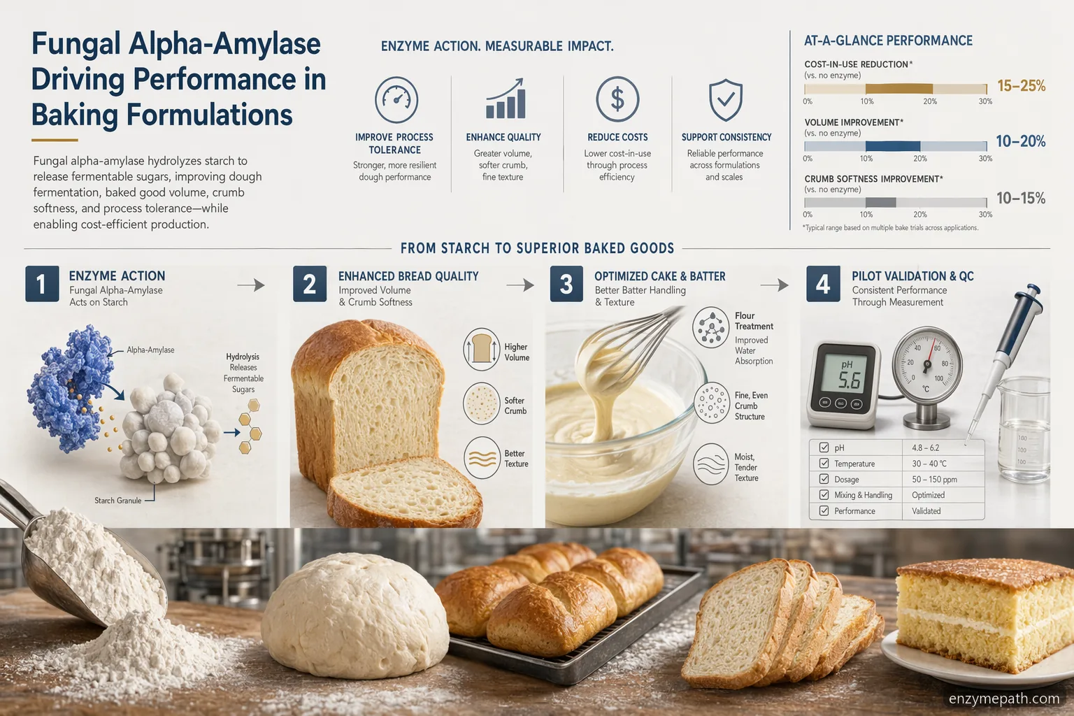 Baking enzyme market fungal alpha-amylase guide with dosage, bread volume, flour treatment, and QC icons