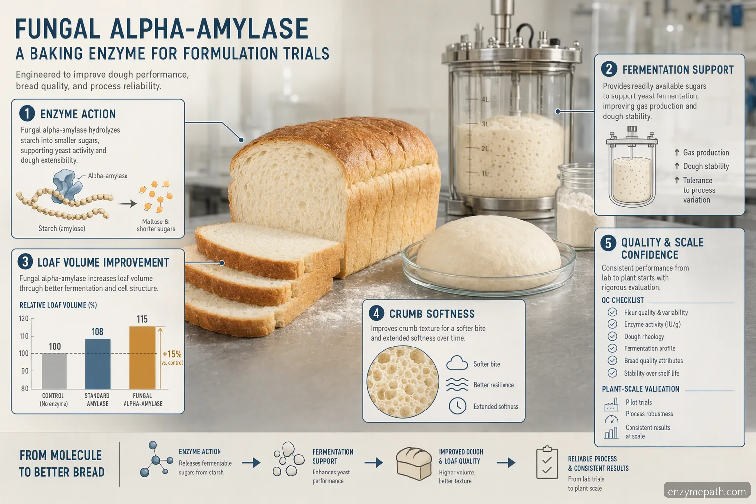 baking enzyme fungal alpha-amylase guide showing dosage, fermentation, loaf volume, crumb softness, and QC checks