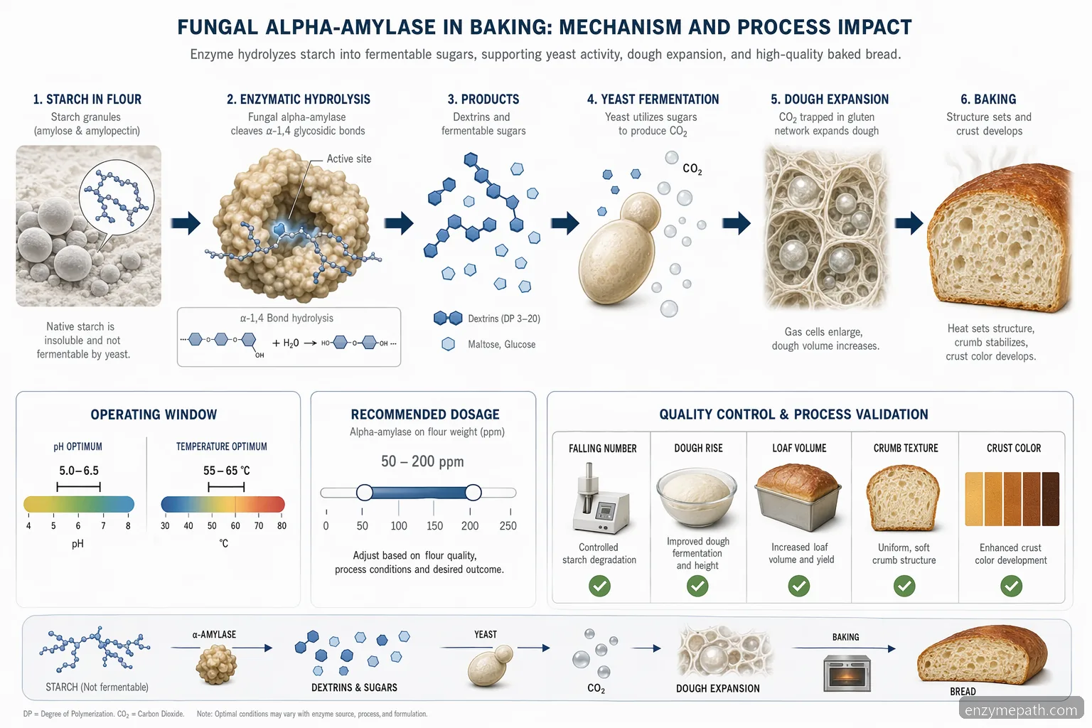 baking enzymes fungal alpha-amylase process, mapping starch breakdown to sugars, fermentation, and baking quality metrics