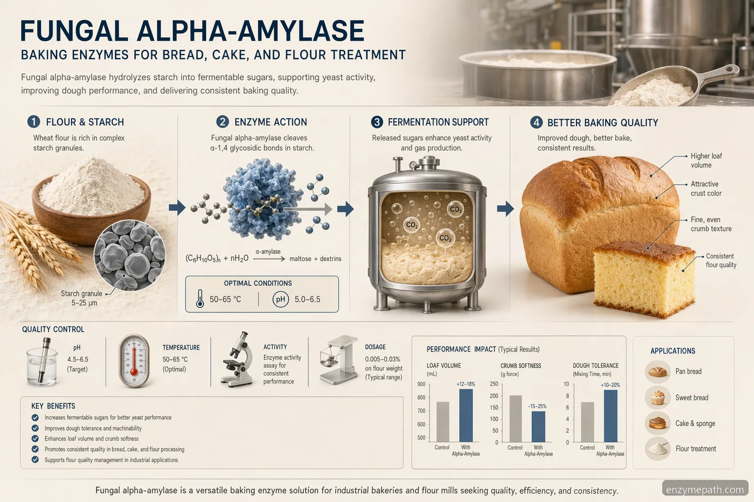 baking enzymes fungal alpha-amylase guide, showing dough fermentation, loaf volume, crust color, and QC checks