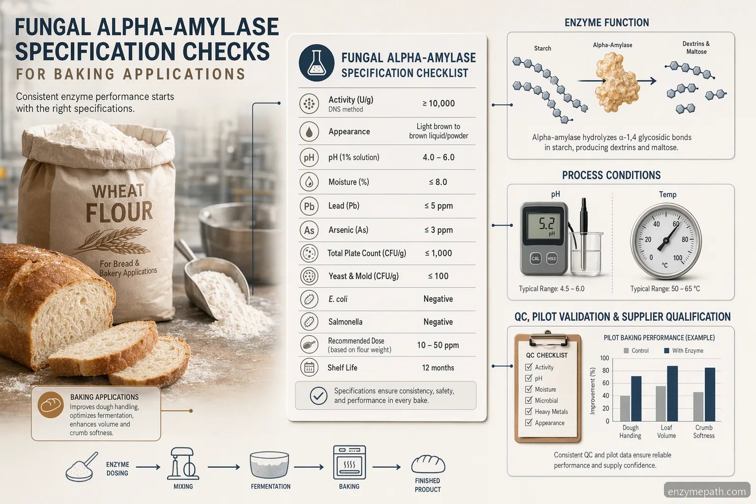 enzymes baking industry checklist for fungal alpha-amylase showing bread, flour, pH, temperature, and QC icons