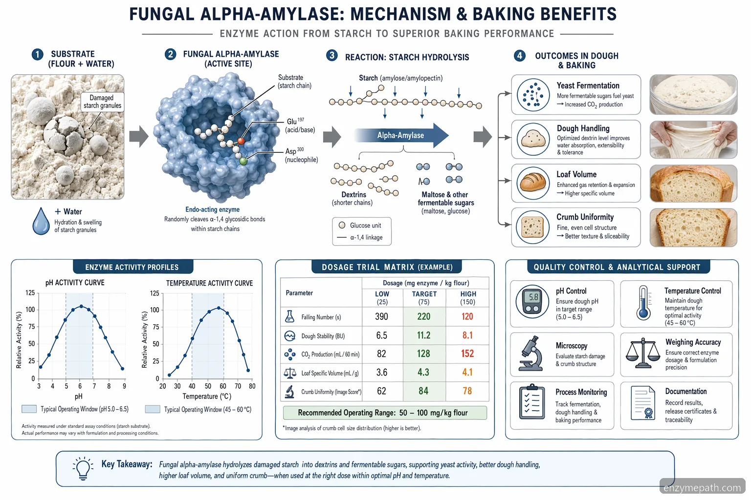 enzymes in baking mechanism: fungal alpha-amylase breaks starch into sugars across pH, temperature, and dosage ranges