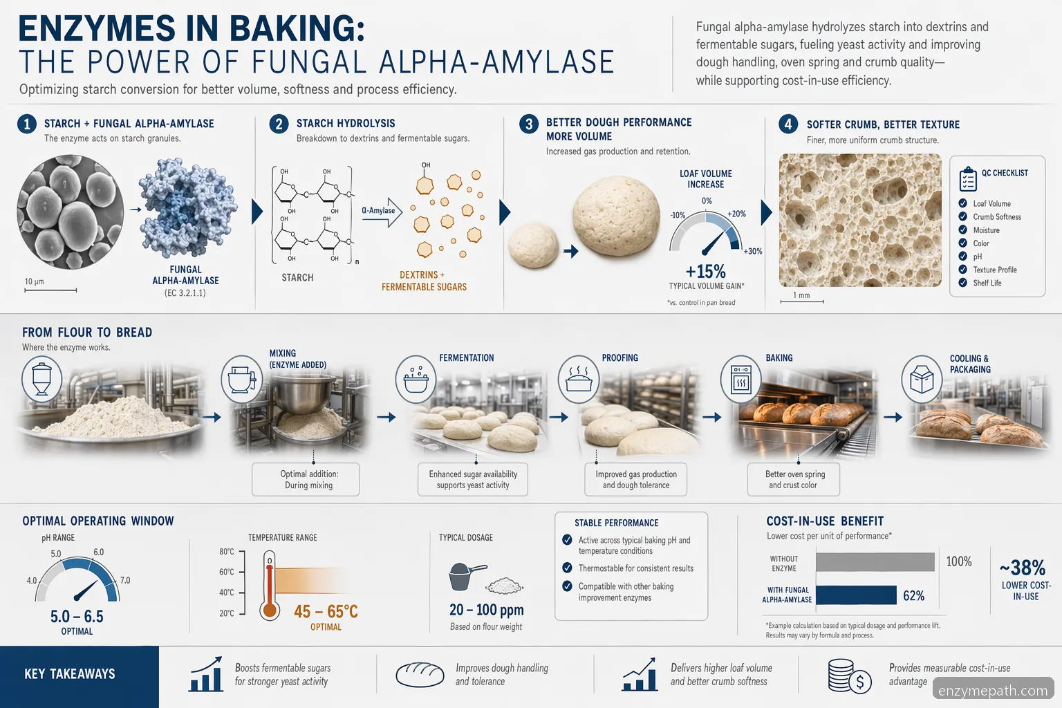 enzymes in baking buyer guide: fungal alpha-amylase links starch conversion, dough volume, crumb, and QC