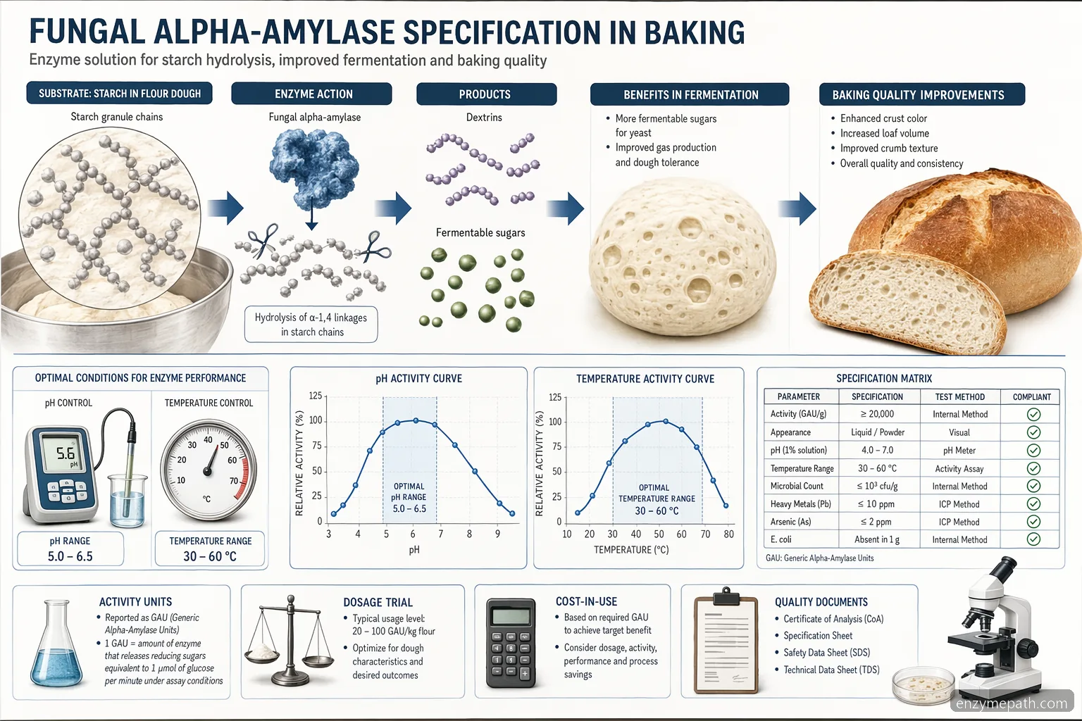 baking enzymes market TDS checklist: fungal alpha-amylase pH, temperature, dosage, and starch reaction flow